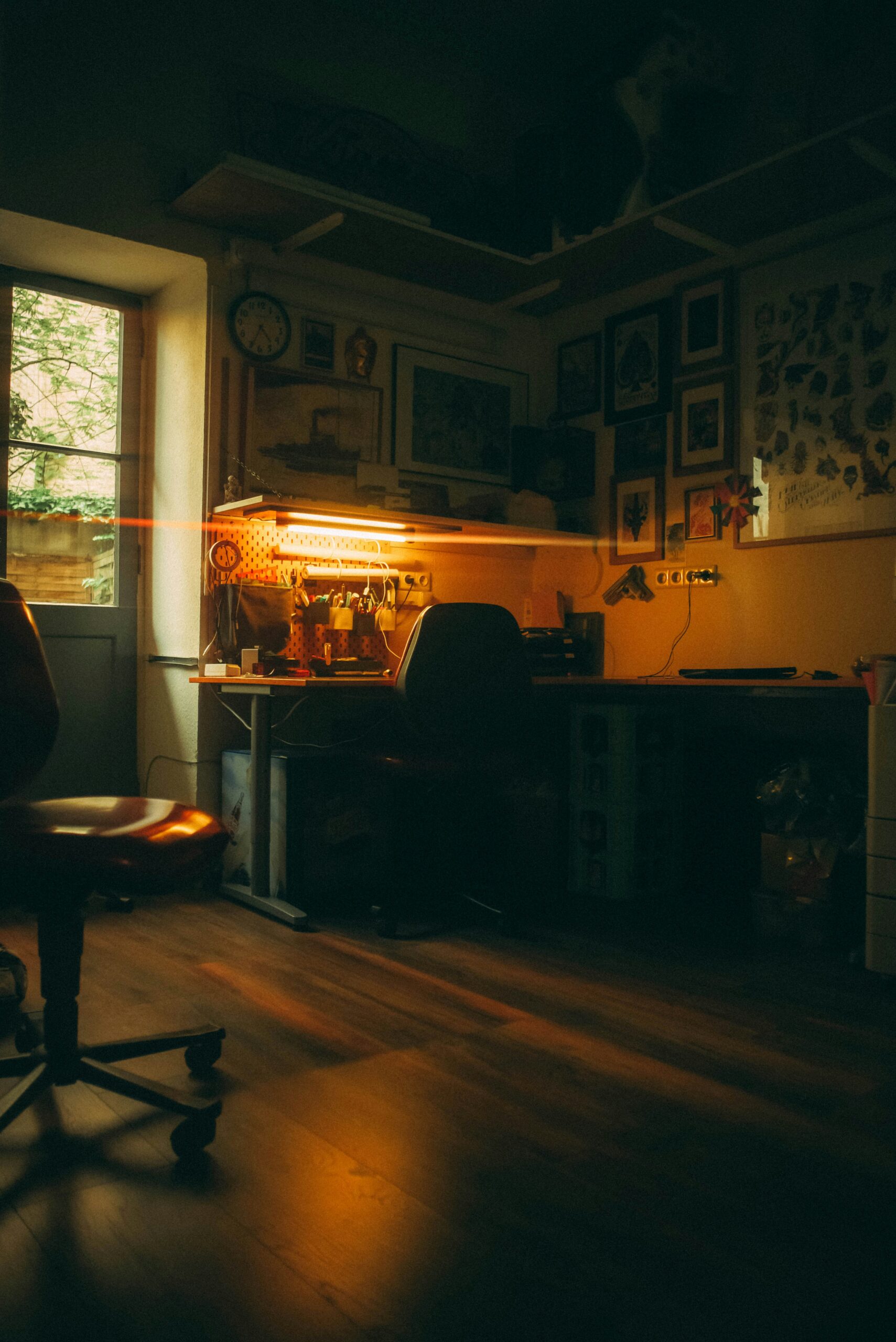 black wooden table near window